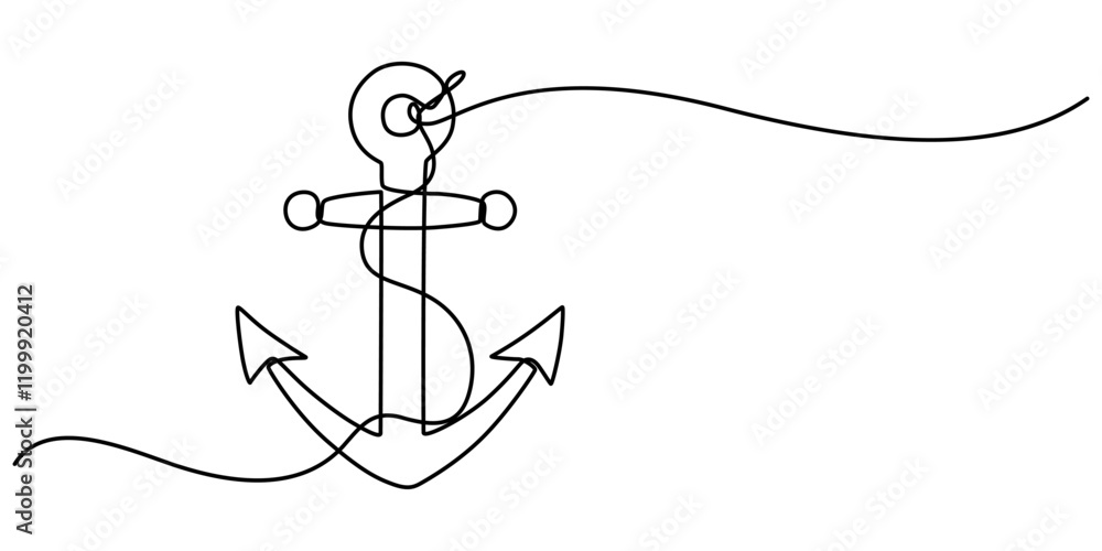 Poster Nautical Anchor Continuous Line Drawing with Editable Stroke, Continuous line drawing of sea anchor, Large sea anchor of the ship. Set of sea ocean elements. Continuous one line drawing of anchor. 