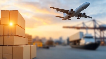 Air freight cargo shipping, boxes and airplane at sunset.