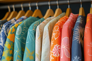 Colorful shirts hanging on a rack in a boutique, showcasing a vibrant display of clothing options for shoppers.