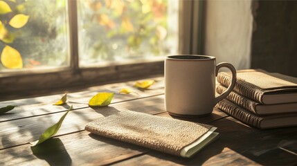 Cozy autumn morning with coffee mug, notebooks, and sunlight through window, rustic wooden table setting