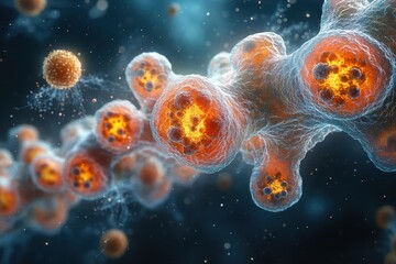 Naklejka premium Complex structure of molecular bonds and interactions in a vibrant, colorful representation of cellular components at a microscopic level