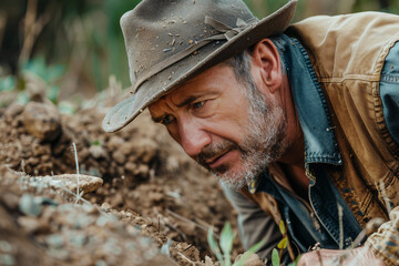 Obraz premium Archaeologist Carefully Excavating Fossilized Artifact Bones Skeletons in Field, Generative AI