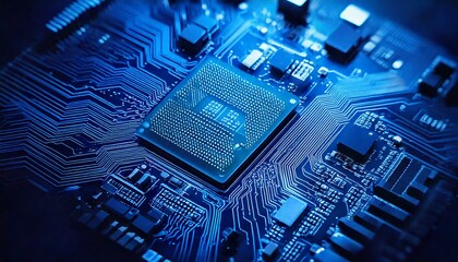 Blurred background, integrated binary circuit board representing digital technology, data processing and the heart of modern computer science.