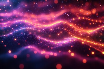 Colorful abstract background featuring flowing lines and glowing particles in a vibrant digital landscape at night