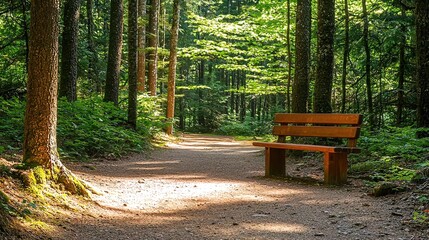 Sunlit forest path with wooden bench.