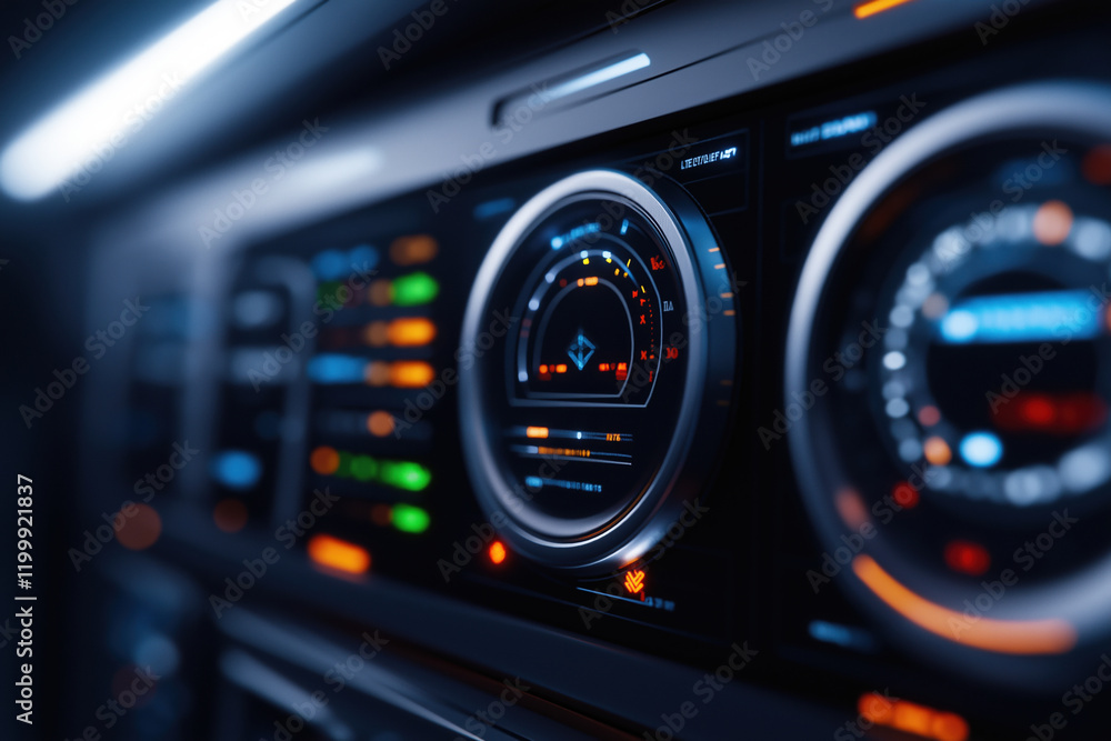 Poster dashboard display with glowing gauges and indicators in a modern vehicle at night