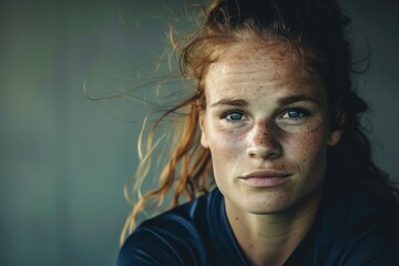 Fototapeta premium Close up portrait of a determined female athlete with freckles, her hair blowing in the wind, conveying strength and resilience