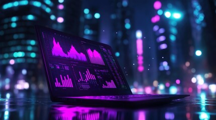 Fototapeta premium A laptop with graphs and data on the screen, glowing in purple light against an urban night backdrop.