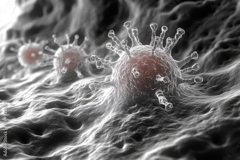 Poster intricate details of virus structure observed under high magnification in a lab setting