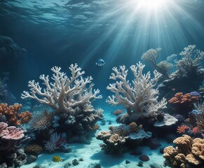 Dreamy underwater scene with a white light glow surrounding coral reefs, underwater, abstract, blur