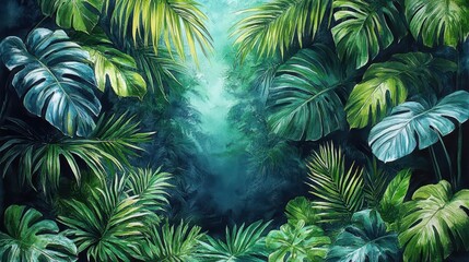 Lush tropical foliage creates a serene, inviting pathway into a vibrant jungle.