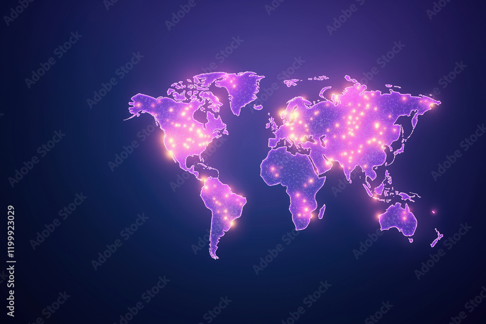 Poster creative visualization of a digital world map with glowing connections across continents