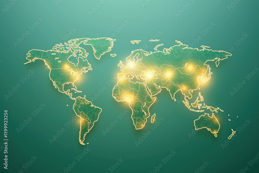 Poster global connections highlighted with glowing lines on a green map of the world