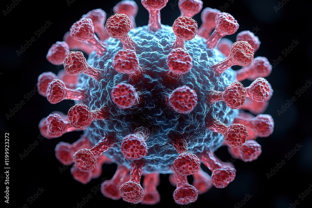 Poster virus structure depicted in detailed 3d rendering illustrating spikes and surface characteristics fo