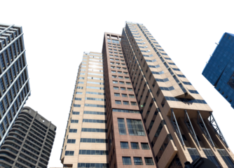 Cape town city skyscrapers isolated on white transparent sky, high rise office business buldings under view. South Africa