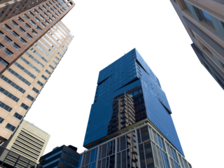 Cape town city skyscrapers isolated on white transparent sky, high rise office business buldings under view. South Africa