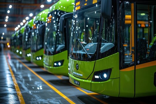 New green electric buses lined up in a transportation garage ready for service