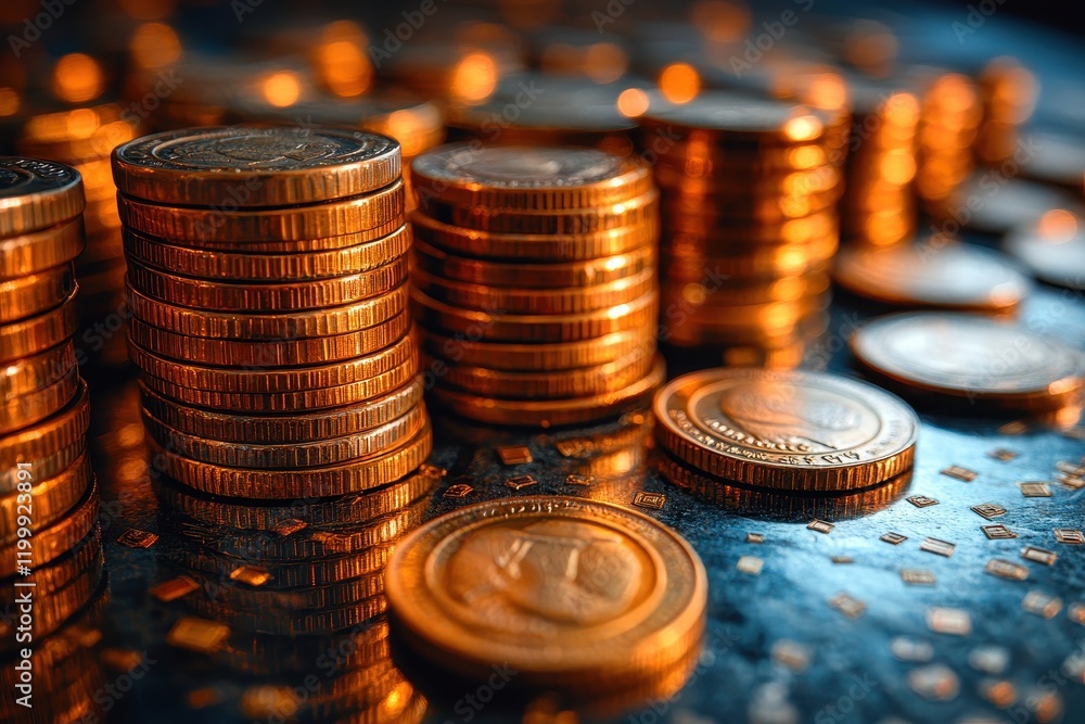 Poster stacks of shiny coins arranged on a reflective surface, emphasizing wealth and finance.