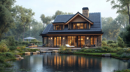 Obraz premium A house near a pond is depicted in a dreamy illustration,