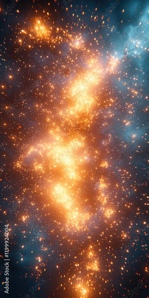 Poster golden sparks and particles flow and swirl against a dark teal and orange bokeh background. use this