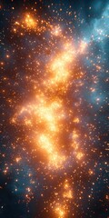 Fototapeta premium Golden sparks and particles flow and swirl against a dark teal and orange bokeh background. Use this abstract design for cosmic or fantasy-themed projects.