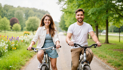 Obraz premium Cheerful couple riding bicycles on sunny path, joyful adventure