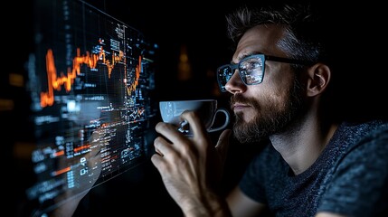 Man analyzing financial data at night, drinking coffee. Stock image for finance, technology, and business