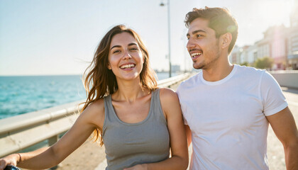 Joyful couple enjoying seaside bike ride under sunny sky, connection