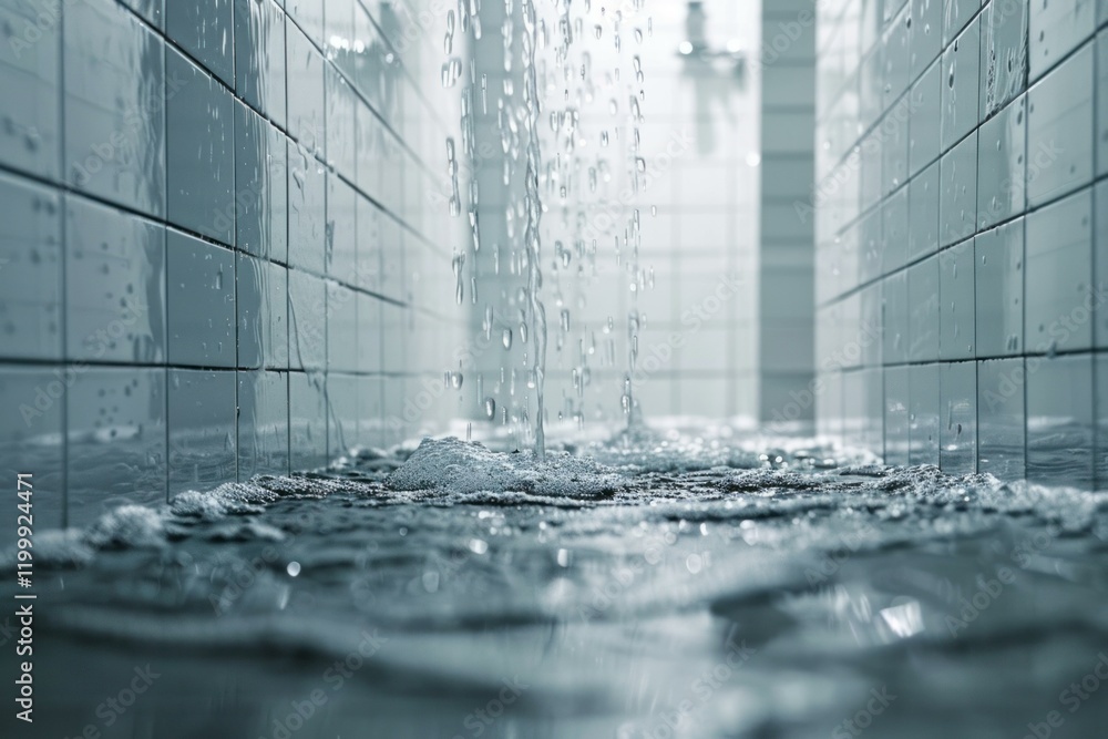 Poster Water falling from above and splashing on a tiled floor, creating bubbles and a refreshing atmosphere