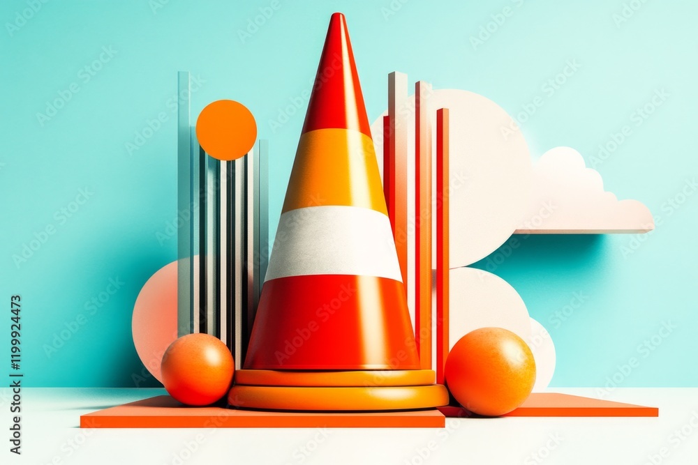 Poster A clean vector design of a construction zone with traffic cones and a barrier, rendered in a modern minimalist style