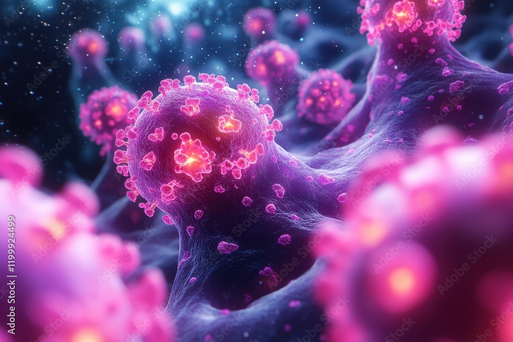 Poster microscopic view of vibrant cells illustrating intricate details of cellular structures and molecula