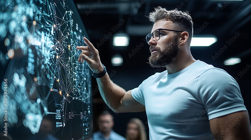 Aufkleber man analyzing network data on interactive display