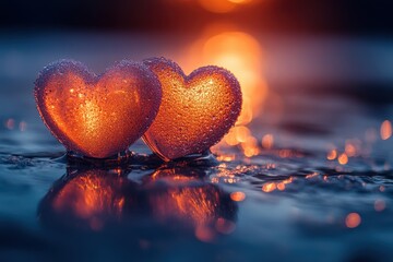 Fototapeta premium Heart-shaped decorations glimmer with droplets under warm light at sunset by the water