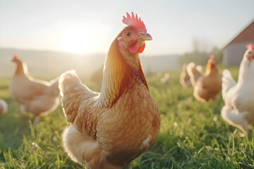 Fototapeta premium A group of free-range chickens exploring an open grassy area, warm sunlight, lively and natural