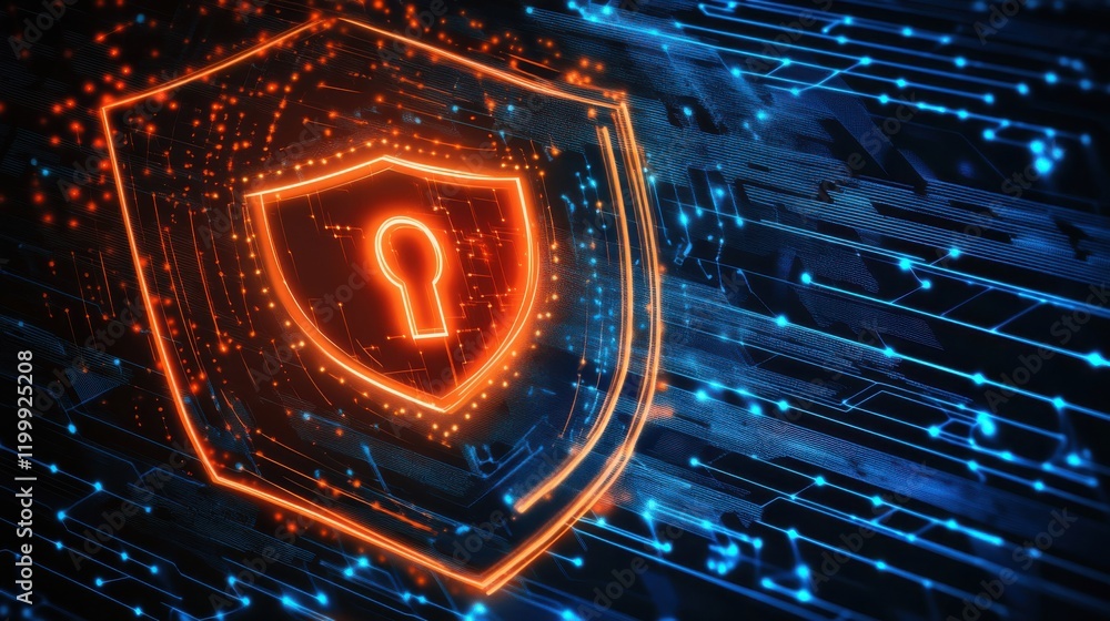 Poster digital shield with keyhole symbolizing cybersecurity amidst a vibrant data flow background