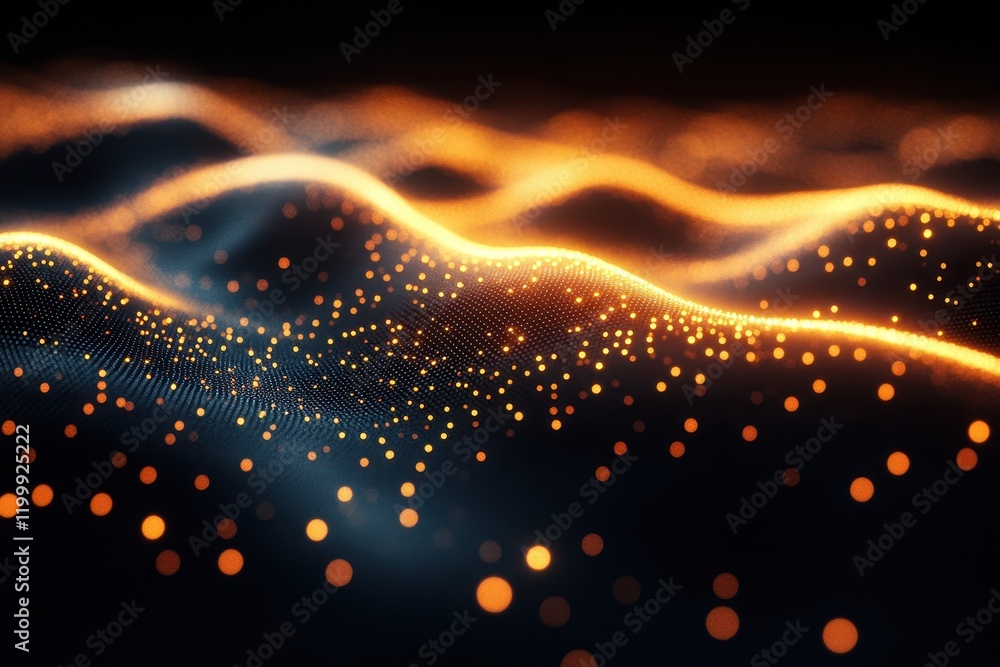 Poster light patterns on abstract waves with glowing dots creating a mesmerizing digital landscape at night