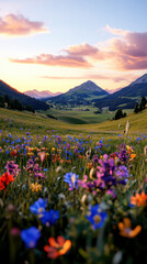 Obraz premium Wildflower-filled meadow under a pastel sunset, softly rolling hills on the horizon