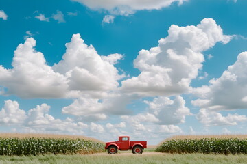 Obraz premium A vintage tractor in a field ready for harvest, framed by tall corn stalks and a cloudy blue sky
