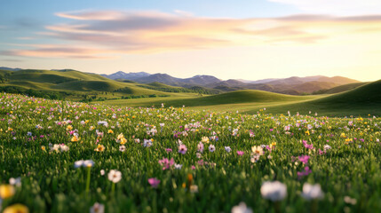 Fototapeta premium Wildflower-filled meadow under a pastel sunset, softly rolling hills on the horizon