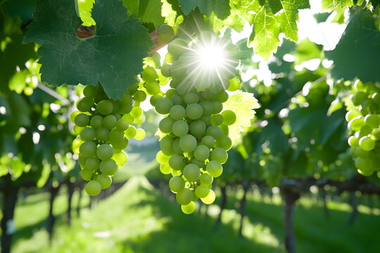 Rows of grapevines stretching into the distance, with sunlight filtering through, warm and abundant