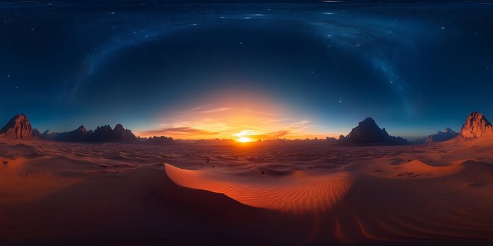 Desert Sunset, Panoramic View, Sunrise over Dunes, 360-degree, Wide-angle, Amazing Landscape