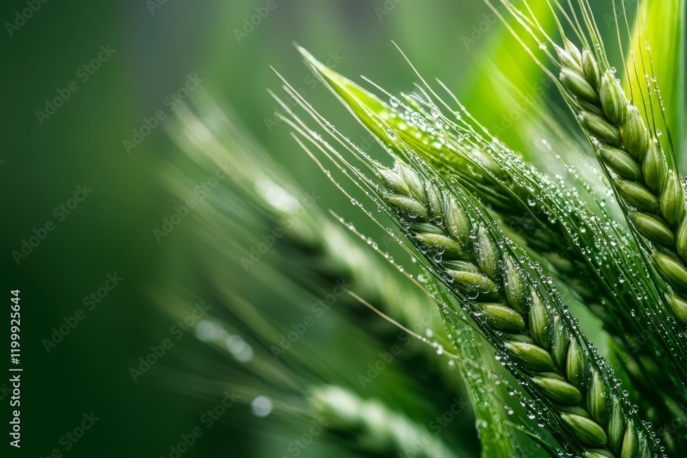 Poster a close-up of morning dew glistening on the stalks of wheat, with the soft light creating a magical 
