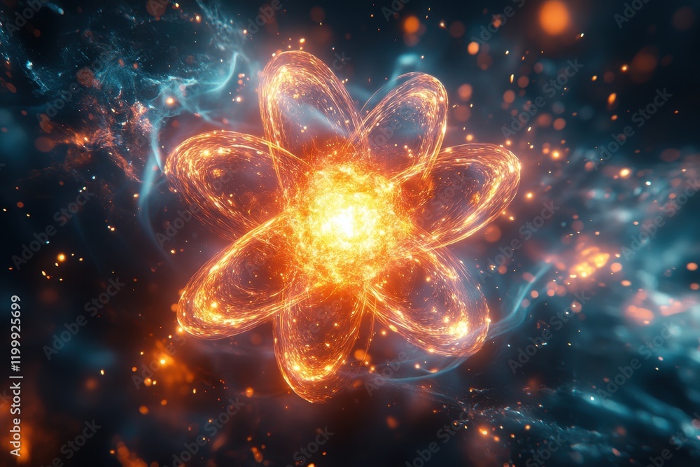Aufkleber stunning visualization of atomic structure featuring glowing particles in a cosmic backdrop
