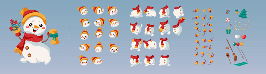 Happy Christmas snowman constructor color vector illustration set. Winter season fairy tale creature character design on blue background