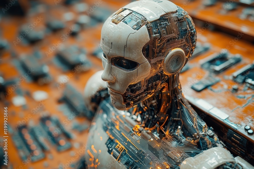 Aufkleber futuristic robotic figure surrounded by circuit boards in a high-tech environment