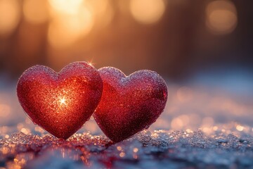 Fototapeta premium Heart-shaped decorations glimmer in the soft glow of sunlight on a winter morning