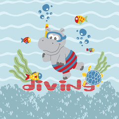 Adorable hippo cartoon vector illustration enjoying diving, featuring playful and colorful aquatic design