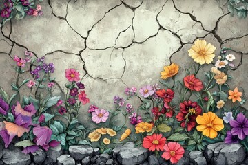 Vibrant Flowers Blooming Against a Cracked Wall