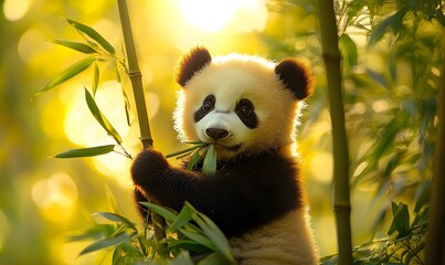 Obraz premium Cute Panda Cub Playfully Trying to Eat Bamboo
