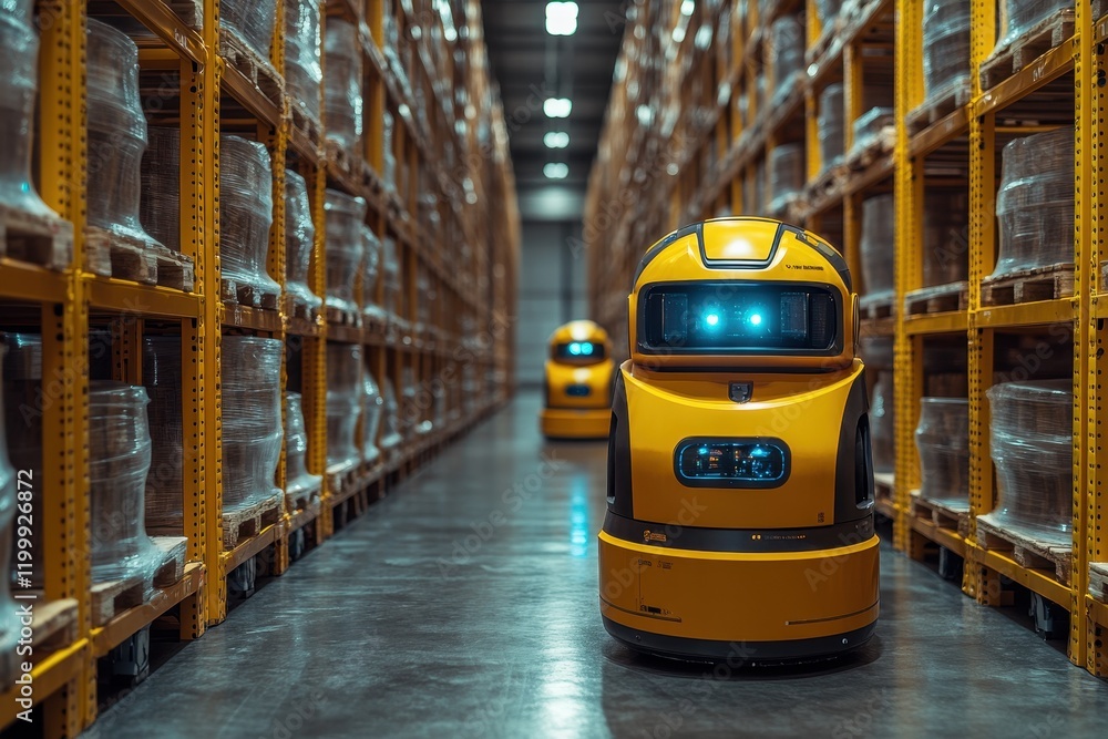 Poster robotic assistants navigate a busy warehouse during evening operations for efficient logistics and i